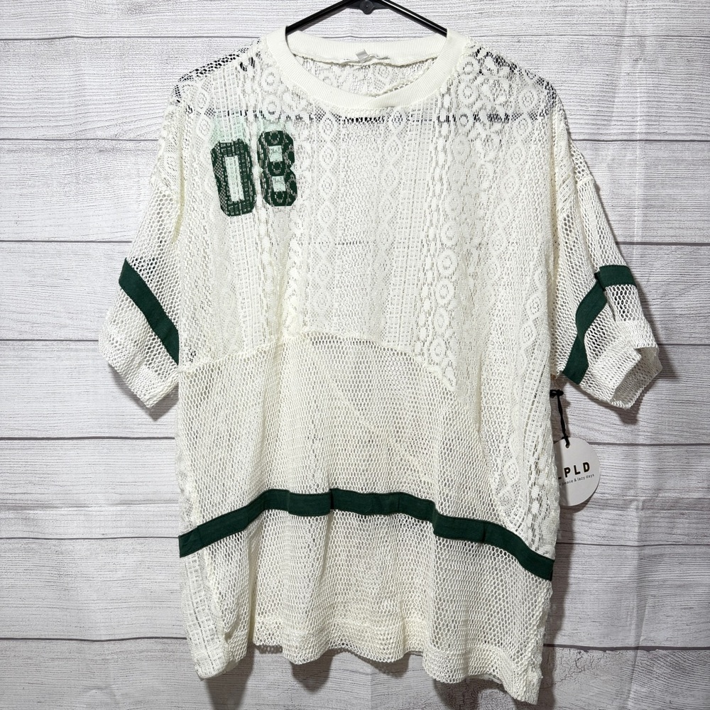 (3x$25) love lazy days White and Green Mesh Top